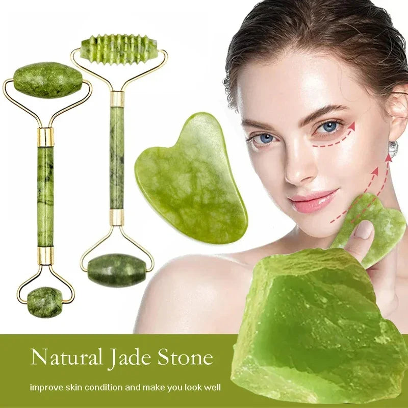 Unlock Radiant Skin: 3 Pc Facial Jade Roller & Gua Sha Massager Set